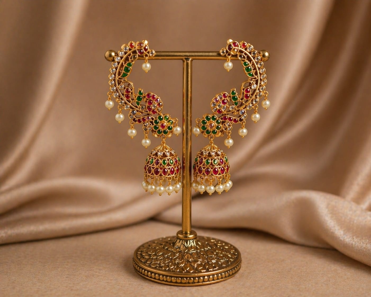 Handcrafted temple jewelry set displayed on velvet