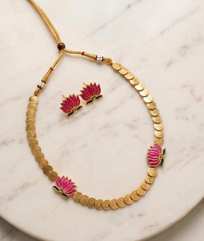 Pink Lotus Kasu Necklace Set
