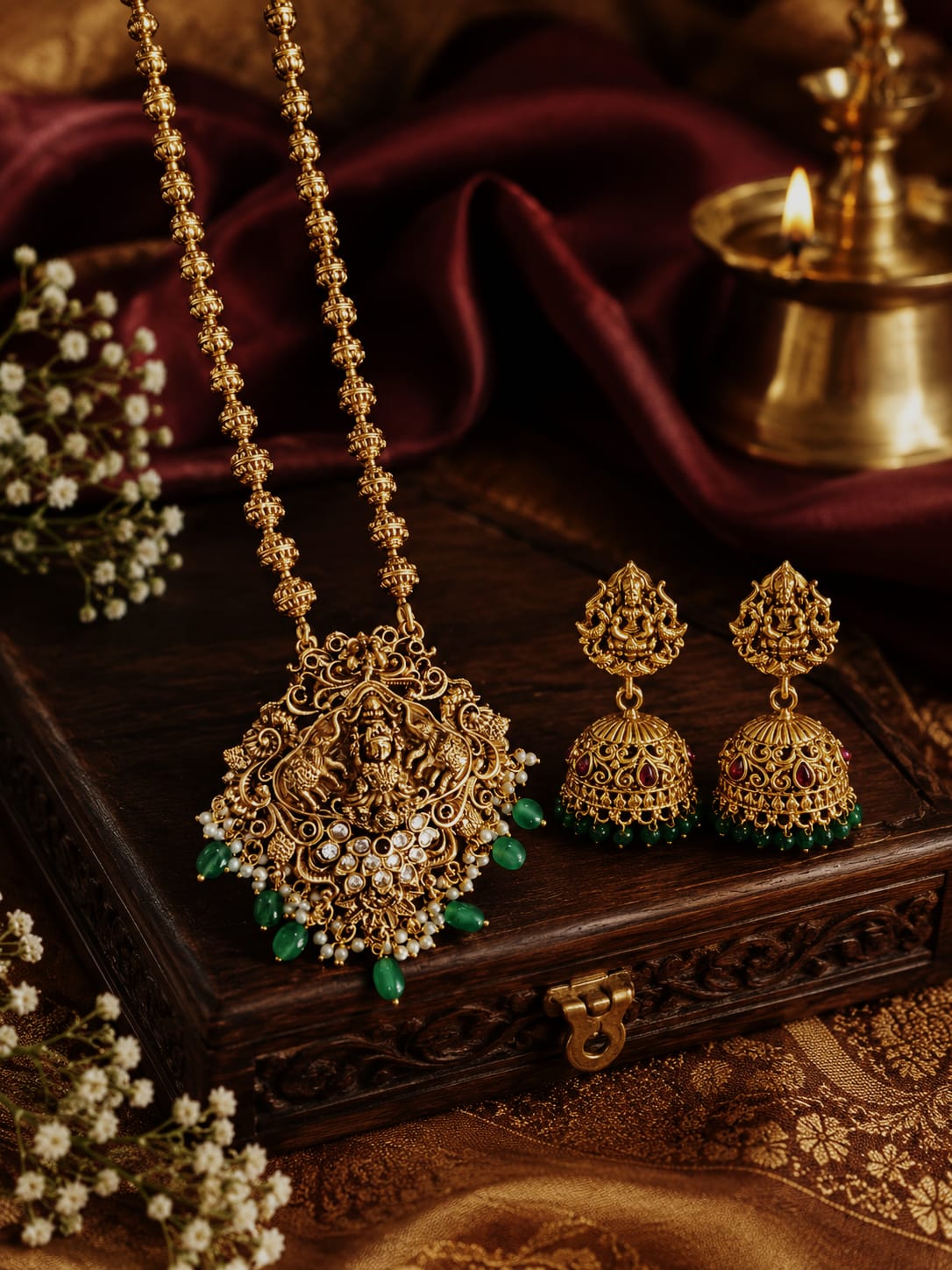Mahalakshmi Emerald Temple Necklace Set